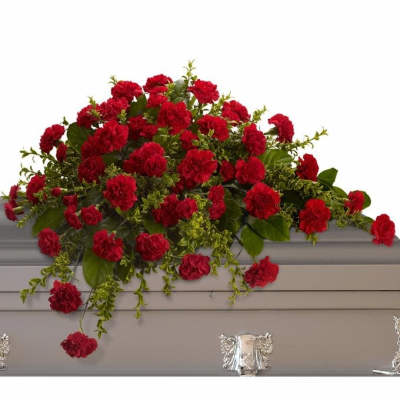 Red carnation casket spray with trailing greenery