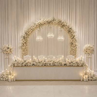 Luxe White Floral Head Table and Grand Arch Backdrop