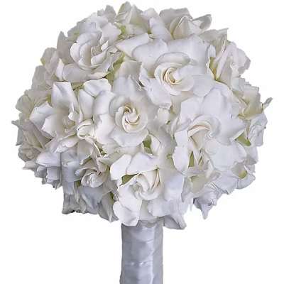 White rose bouquet with a satin-wrapped handle