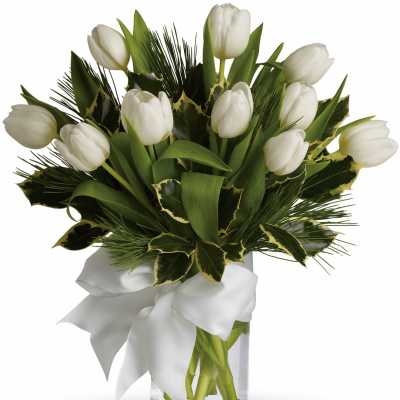 White tulips arranged in a glass vase with a white ribbon