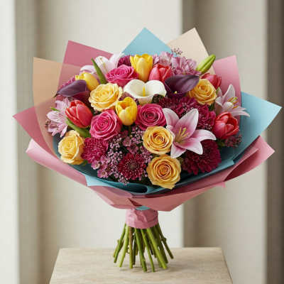 Colorful bouquet of roses, tulips, lilies, and calla lilies wrapped in pastel paper