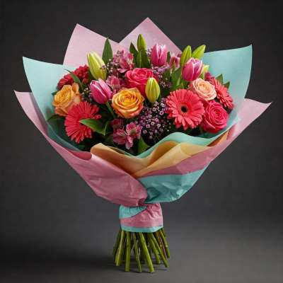 Bouquet of pink, yellow, and peach flowers wrapped in pastel paper
