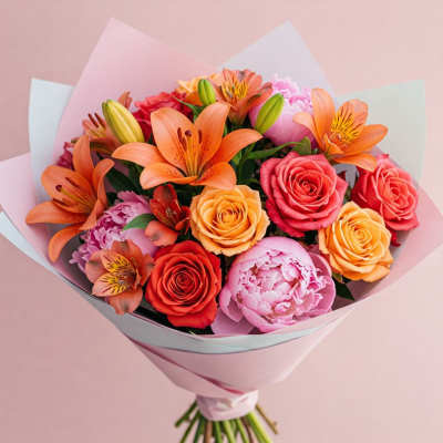 Bouquet of orange lilies, roses, and pink peonies wrapped in pastel paper