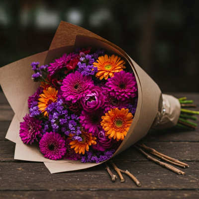 Bouquet of magenta and orange daisies wrapped in brown paper