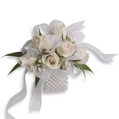 White rose corsage with silver ribbon and pearl accents