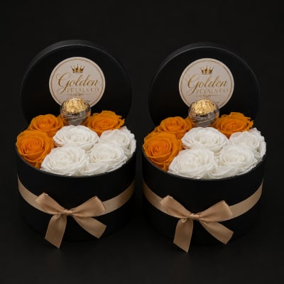 Two black round gift boxes with white and orange roses and gold chocolates