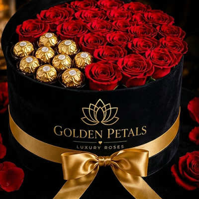 Red roses and gold-wrapped chocolates in a black round box with a gold bow