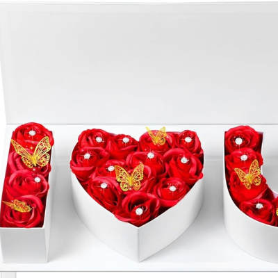 Red rose gift boxes arranged to spell I love you