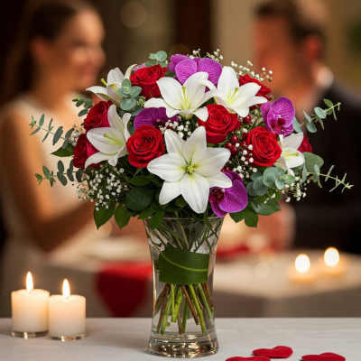 Bouquet of red roses, white lilies, and purple orchids in a glass vase