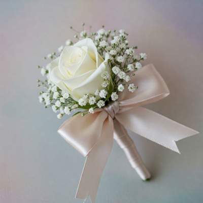 White rose boutonniere with baby's breath and a pale ribbon