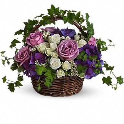 Basket of purple and white roses with ivy
