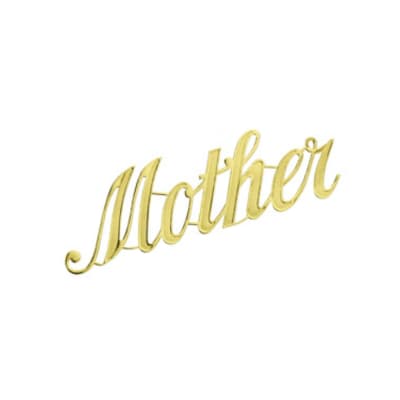 Gold script word "Mother" on a white background