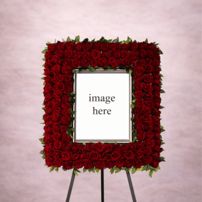 Standing rectangular frame of red roses surrounding a blank photo space on a black easel.