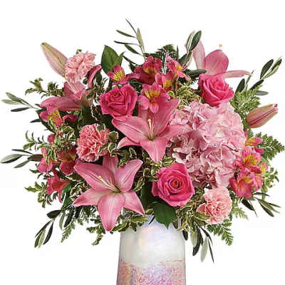 Pink bouquet with lilies, roses, and hydrangea in a tall vase