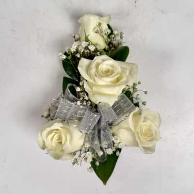 Wrist Corsage with 4 White spray Roses