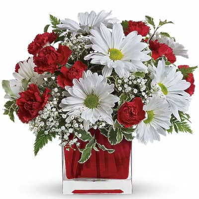 Red carnations and white daisies in a red glass vase