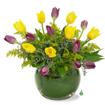 Yellow and purple tulips arranged in a green glass vase