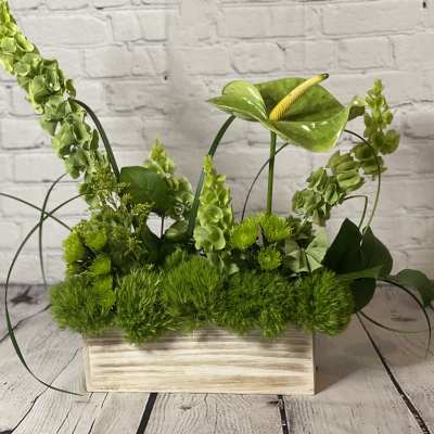 Green floral arrangement in a rectangular wooden planter with anthurium and tall spikes