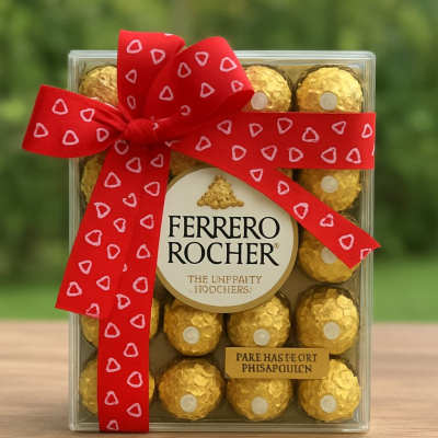 Box of Ferrero Rocher chocolates tied with a red ribbon
