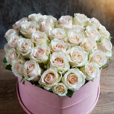 Heart-shaped box filled with pale cream roses