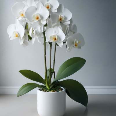 White orchid plant in a white pot