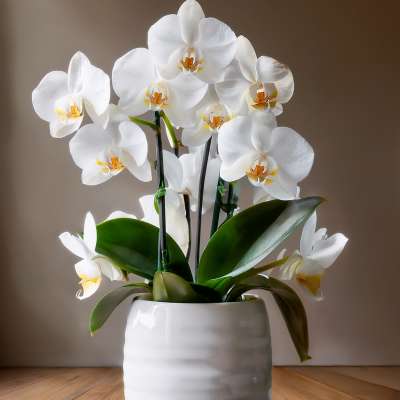 White orchid plant in a white ceramic pot