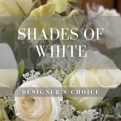 White roses and small white filler flowers with overlaid text