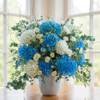 Blue and white floral arrangement in a white vase