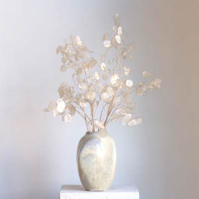 Tall vase with pale dried stems and translucent round leaves