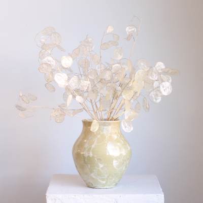 Pale dried stems with translucent coin-shaped pods in a ceramic vase