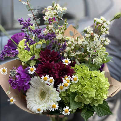 Mixed bouquet with white gerbera, purple blooms, and green hydrangea
