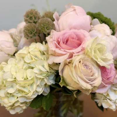Bouquet of pale pink roses and cream hydrangeas