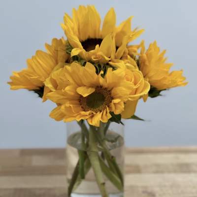 Bouquet of yellow sunflowers in a clear glass vase
