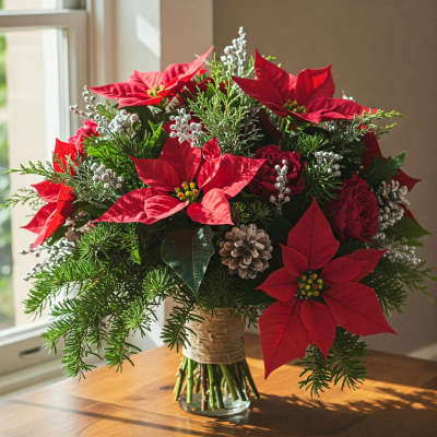 Christmas bouquet with red poinsettias and pinecones in a glass vase