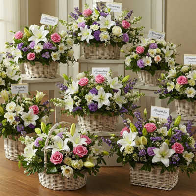 Multiple wicker baskets of white lilies, pink roses, and purple flowers arranged on pedestals