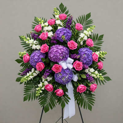 Standing floral spray with pink roses, purple hydrangeas, and white ribbon