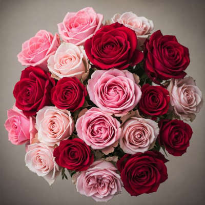 Bouquet of red and pink roses arranged in a round cluster