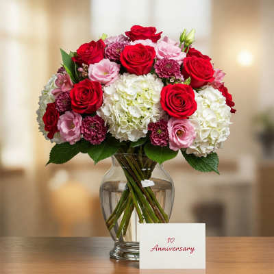 Bouquet of red and pink roses with white hydrangeas in a glass vase