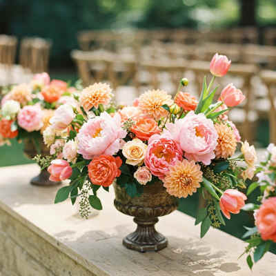 Peach and pink floral centerpiece in a dark urn vase