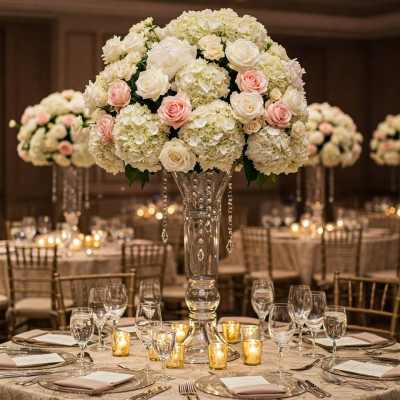 Tall centerpiece of white hydrangeas and blush roses in a clear glass vase