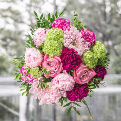 Pink and magenta bouquet with roses, peonies, and chrysanthemums