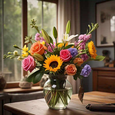 Mixed bouquet with roses, sunflowers, lilies, and purple blooms in a glass vase