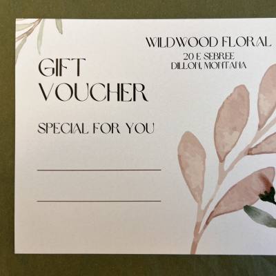 Gift voucher card from Wildwood Floral with botanical artwork
