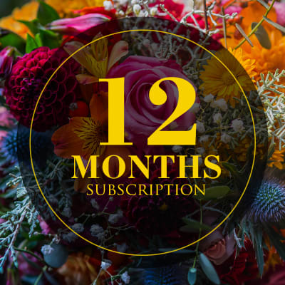 Colorful floral arrangement with a "12 Months Subscription" overlay