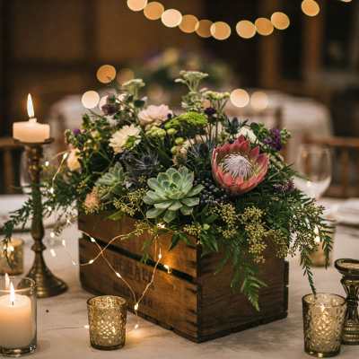 Low floral centerpiece in a wooden box with candles and string lights