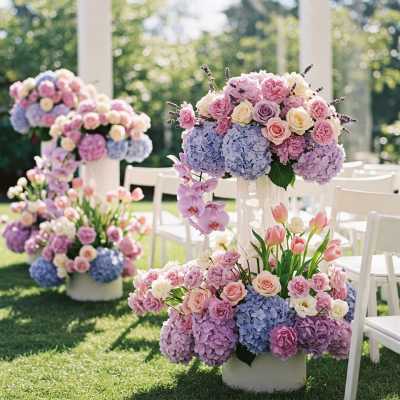 Pastel floral arrangements with hydrangeas, roses, and tulips in white containers
