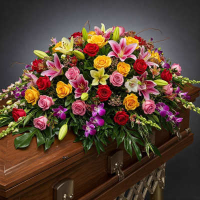 Colorful floral casket spray with roses, lilies, and orchids
