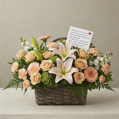 Peach roses and lilies arranged in a wicker basket with a note card