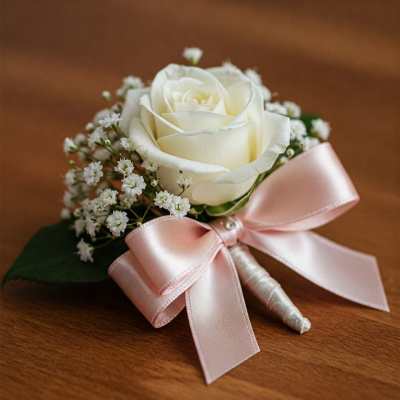 White rose boutonniere with baby's breath and a pink ribbon
