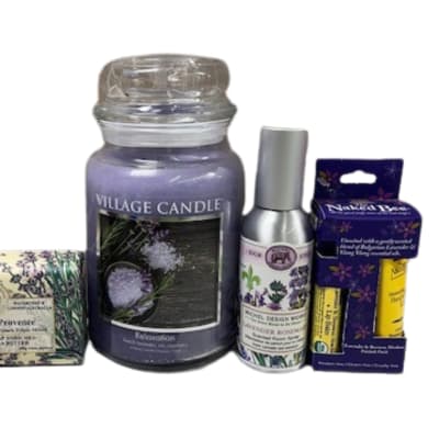 Lavender candle, soap, spray, and lip balm gift set
